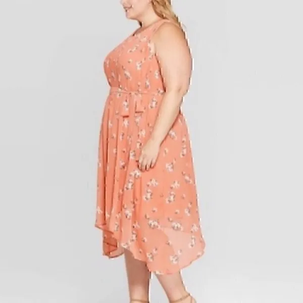 AVA & VIV Plus Size Floral Pleated Midi Dress Peach Pink Orange Hi-Lo 1X NO BELT - Image 4