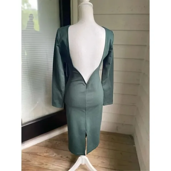 NWT Lulus Olive Green Open Back Long Sleeve Round Neck Dress Size L Party Knee L - Image 15