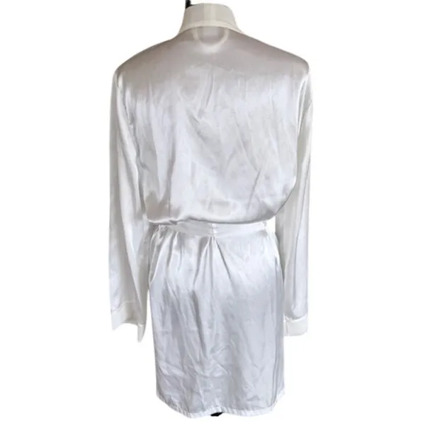 Linea Donatella Satin Robe Ivory Lace Trim Tie Waist S/M bride honeymoon - Image 5