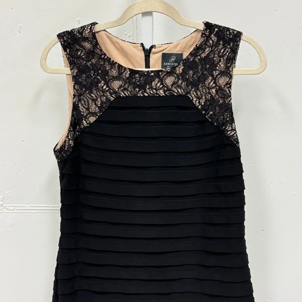 Adrianna Papell Tiered Ribbon Lace‎ Sheath Dress Size 12 Sleeveless Cocktail Blk - Image 3