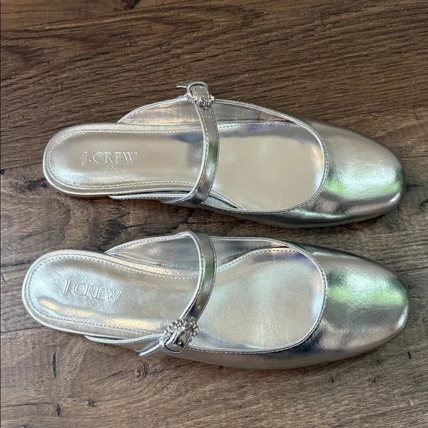 J Crew Silver Metallic Mary Jane Mules Gem Detail Size 8.5 Preppy Party Academia - Image 3