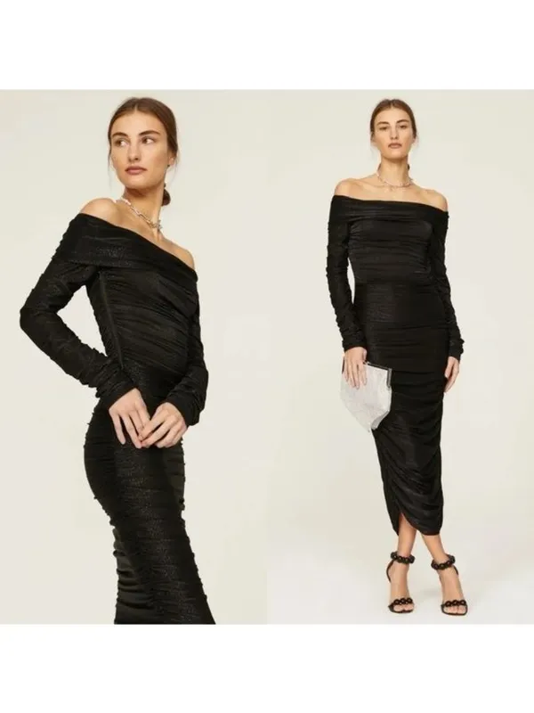 Bronx and Banco Amara Off The Shoulder Linen Midi Dress L Black Ruched Sparkle - Image 2