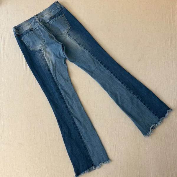 LITZ Premium Denim Two Tone Flare Jeans Blue Panel‎ Raw Hem Size 27 - Image 3