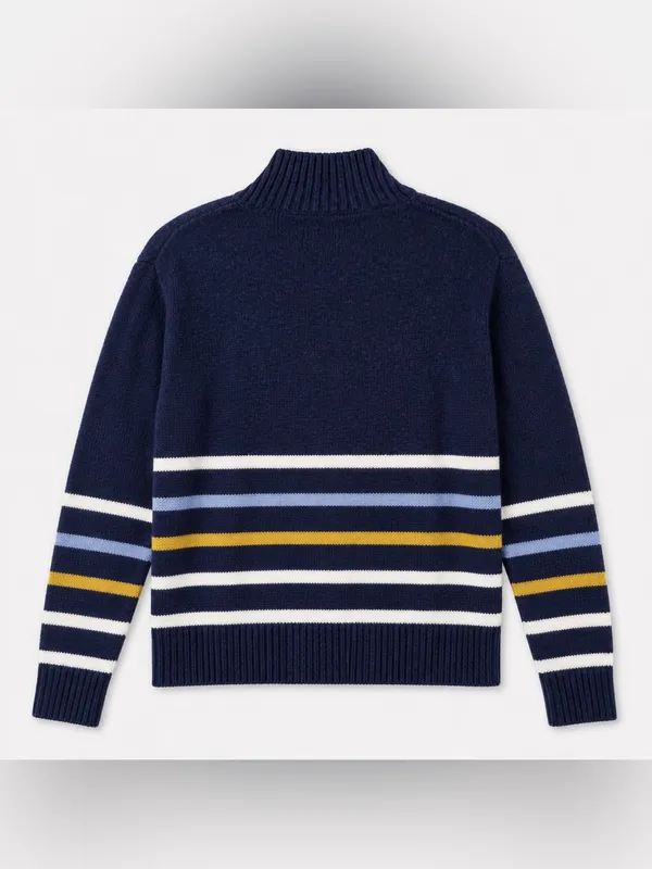 Eddie Bauer Women’s Small 100% Cotton Striped Quarter Zip Sweater Navy - Image 6