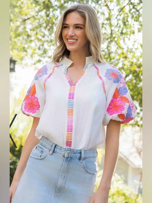 THML Floral Embroidered Puff Sleeves Ruffle Neck Texture Popover Top Size Small - Image 2