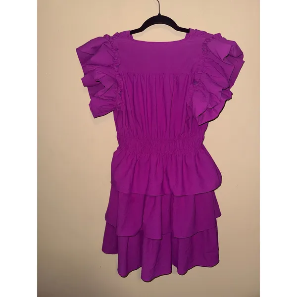 Entro Magenta Purple Ruffle Tiered Mini Dress Smocked Waist V-Neck M Barbiecore - Image 5