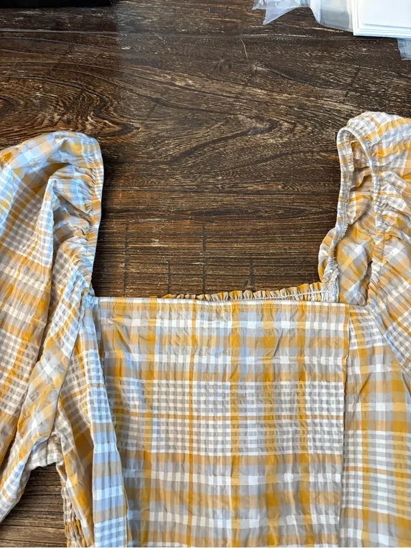 Maeve Anthropologie Plaid Square Neck Blouse Small Mustard NWT Puff Sleeve - Image 6