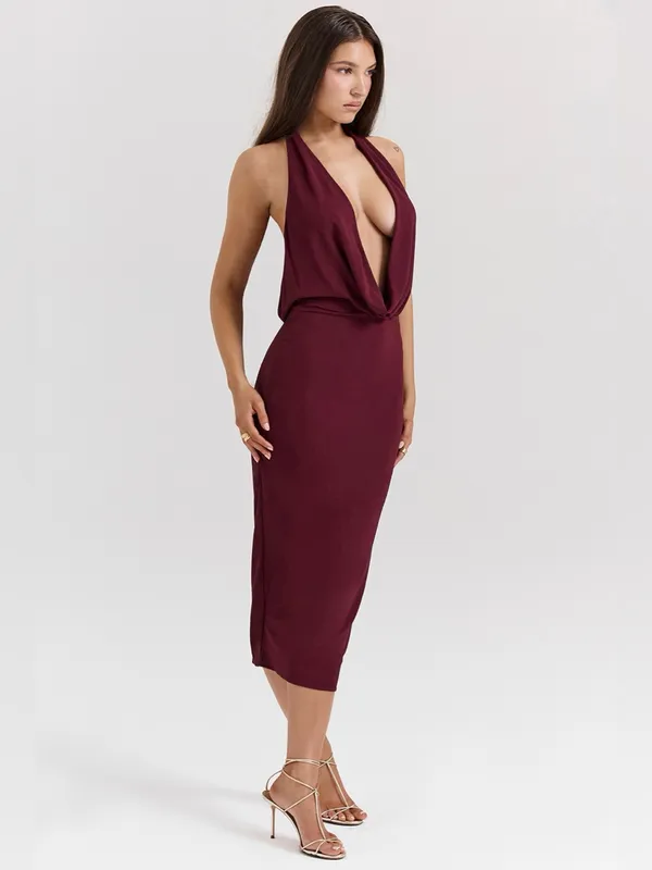 House of CB Florentina Merlot Draped Midi Dress L - Image 8