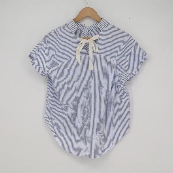 Mango Casual Blue White Striped Cotton Tie Back Short Sleeve Blouse Size 2 XS - Image 5