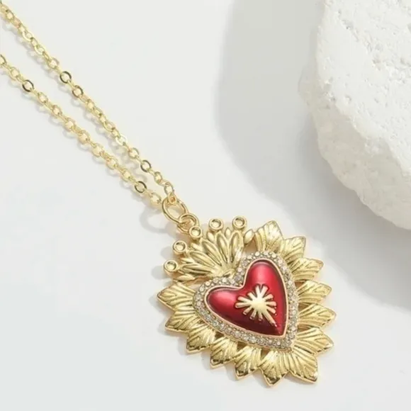 NEW Gold Plated Sacred Heart Rhinestone Sunburst Statement Necklace Valentine - Image 4