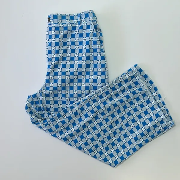 Wild fable pull on wide leg high rise pants retro blue white check with flowers - Image 8