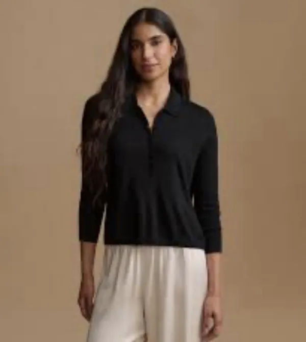 Jenni Kayne Grayson Merino Wool Polo Sweater Sz XS Black Quiet Luxury Minimalist - Image 3