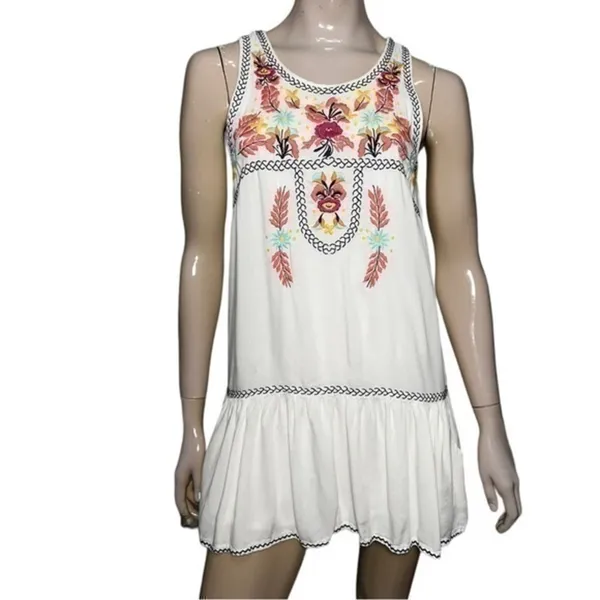 Lovers + Friends Womens Size S White Drop Waisted Mexican Embroidered Tank Dress - Image 2