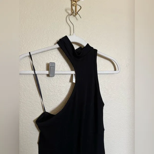 Urban Outfitters Asymmetrical Halter Neck Ribbed Flare Jumpsuit Sz L NEW black‎ - Image 2