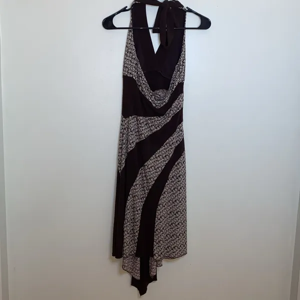 Brown and Tan Abstract Flowy Midi Dress - Image 3