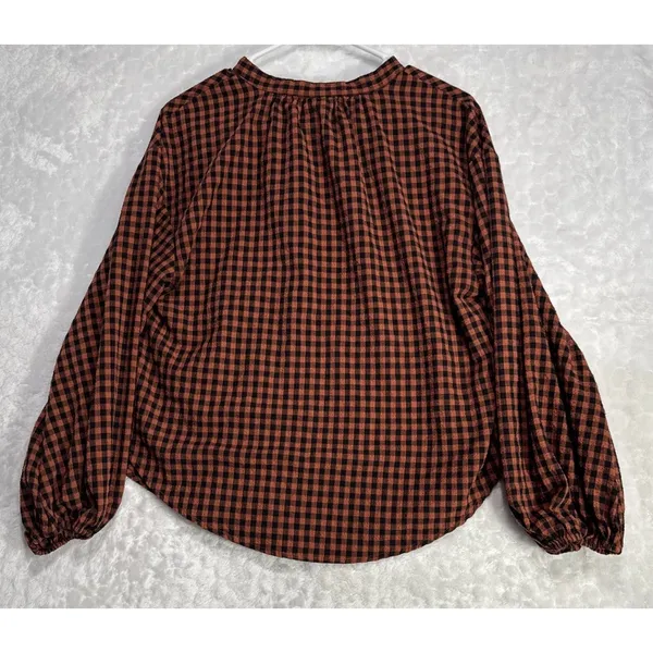 A New Day Balloon Sleeve Popover Top Blouse Womens S Plaid Black Orange Retro - Image 2