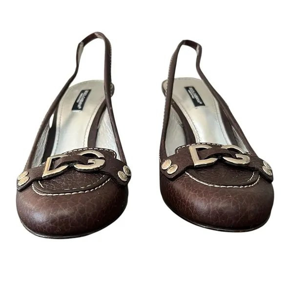 Dolce & Gabbana Women’s Vintage Y2K Brown Round Toe Silver Logo Pump Heels 38 - Image 5