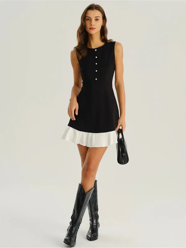 Rihoas Sleeveless Black Dress with White Hem and Pearl Buttons - Image 5