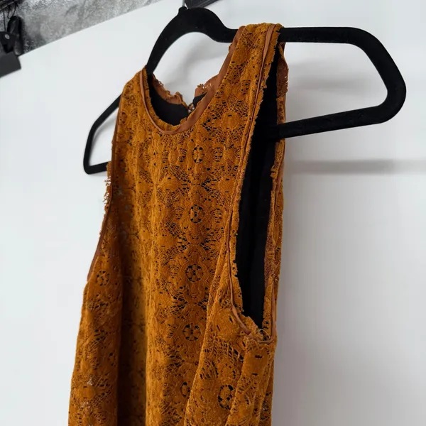 Anthropologie Maeve Amis Dress 4 Burnt Orange Floral Lace Ruffle Hem Lined - Image 9