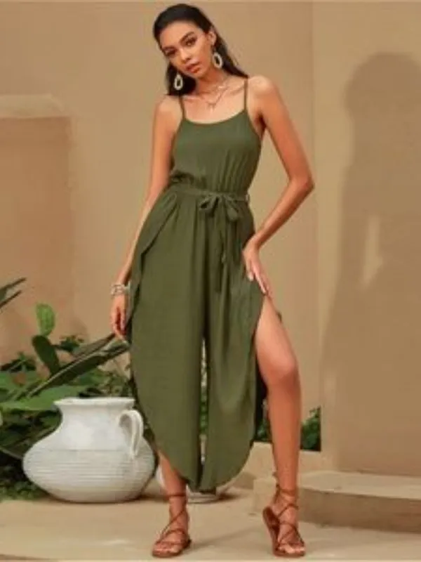 Olive Green High Slit Jumpsuit Spaghetti Strap Belted Wide Leg Boho Women M NWT - Image 2