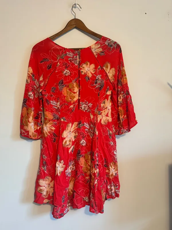 Free People Pink Red Floral Eyes On Your Floral Trapeze Dress w Pockets - Image 9