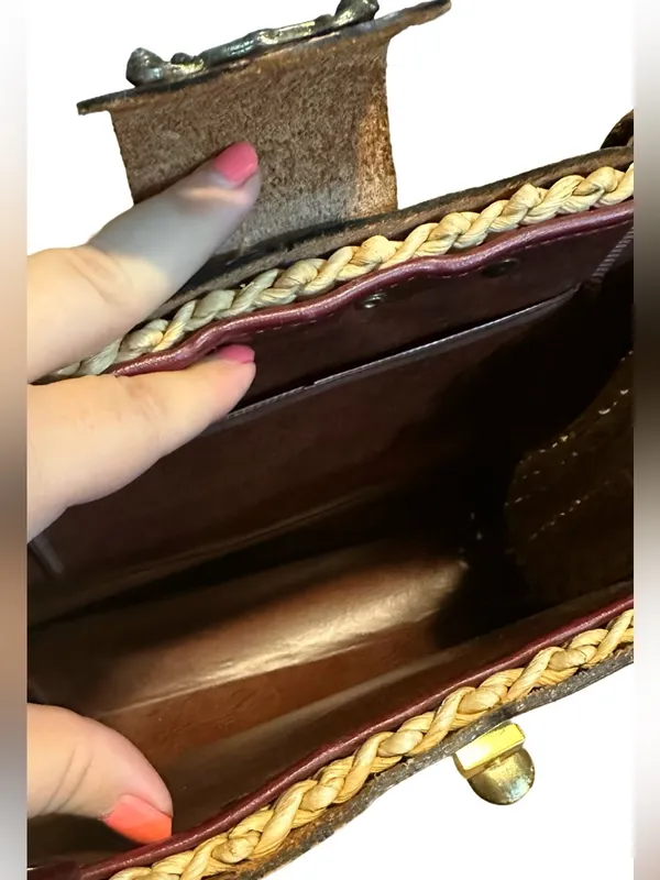 Vintage 1980'S Dark Mahogany Brown Leather And Straw Shoulder Tote Bag - Image 11