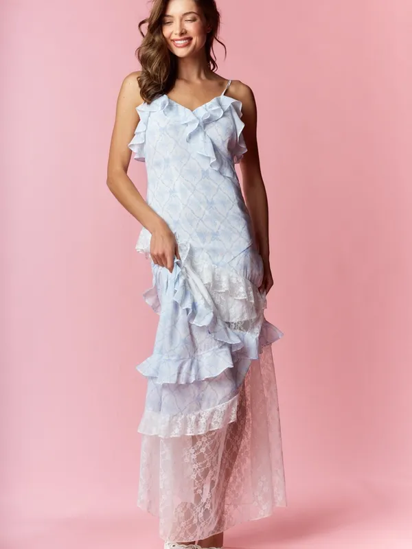 Coquette Printed Lace Mixed Ruffle Maxi Dress Medium - Image 3