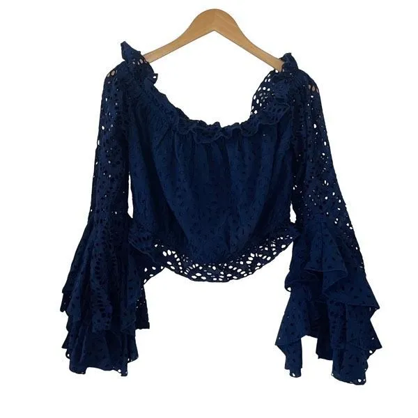 Misa Los Angeles Womens Off The Shoulder Eyelet Ruffle Cropped‎ Top Blue XL NWT - Image 2