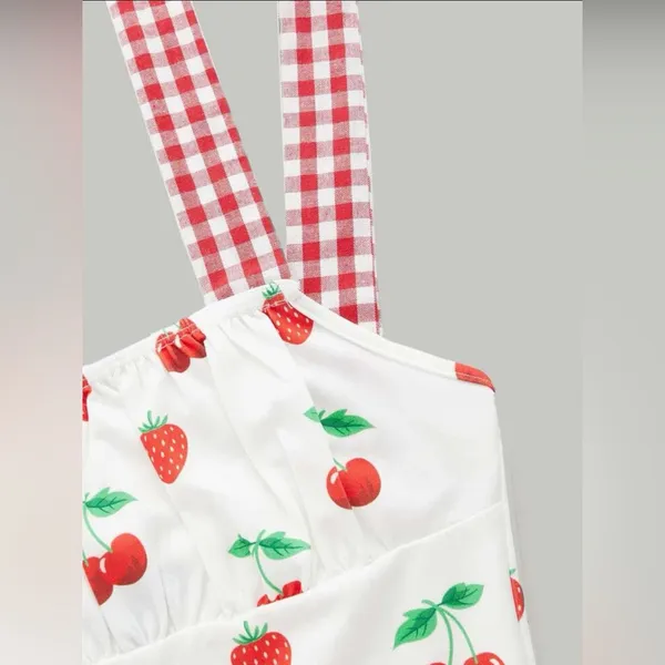 💜Retro Strawberries & Cherries Gingham Strap Dress - Image 4