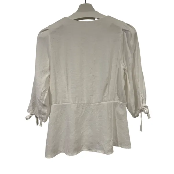Women’s Minimalist CottageCore White Cotton Puff Sleeve Peplum Blouse M - Image 6