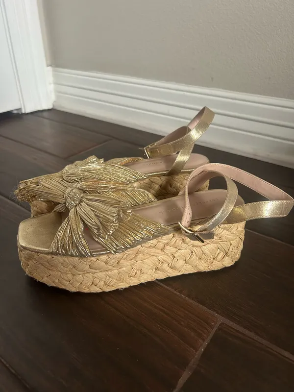 Loeffler Randall Gold Bow Pleated Espadrille Wedge Sandals Ankle Strap - Image 4
