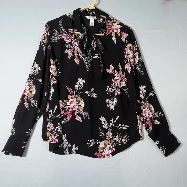 White Hose Black Market Size-L Women Blouse Black Floral Long‎ Sleeve - Image 4