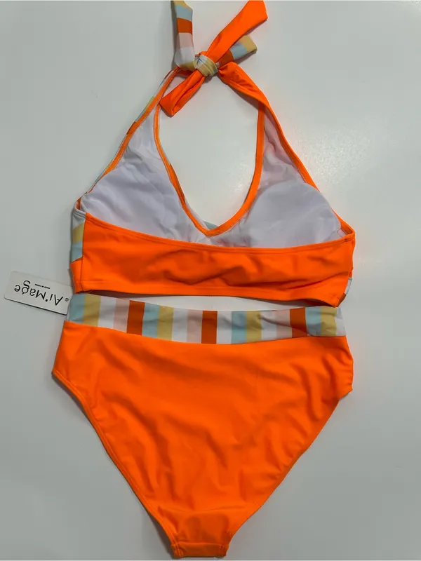 Women's Neon Orange Halter Bikini with Multi-Stripe Accent - Image 2