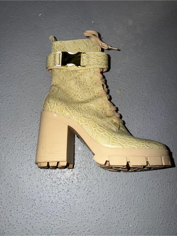 SCHUTZ Roslyn Croc-Embossed Heeled Boot in Light Beige - Image 9