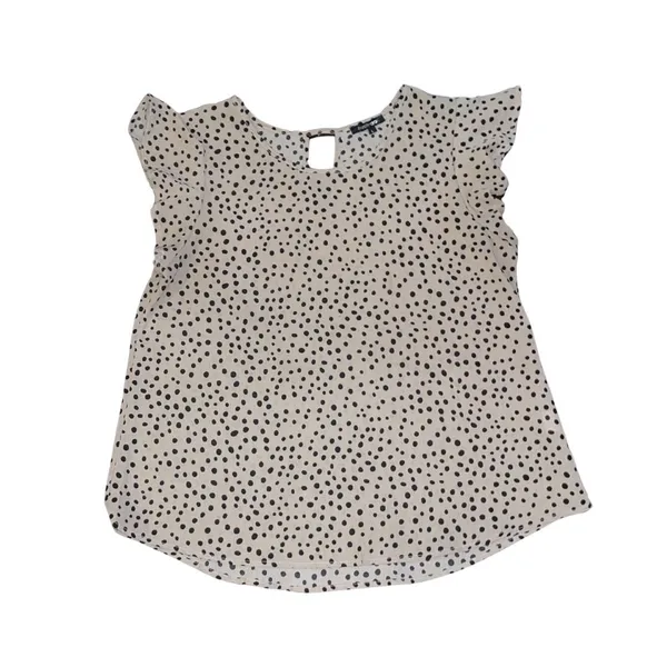 Papermoon Tan and Black Polka Dot Blouse Size Large Flutter Sleeves Chic Office - Image 2