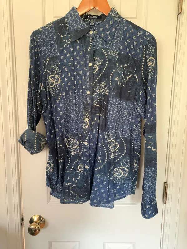 Retro RL Chaps Blue Mixed Media Cotton Button Down - Image 2