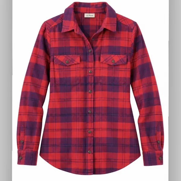 LL Bean Whisper Lodge Red Plaid Flannel Button Up Shirt Pockets MEDIUM - Image 11