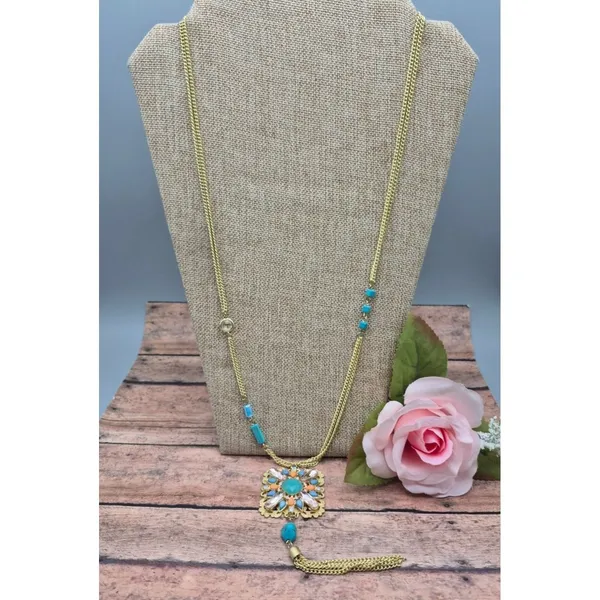 Gold Tone Multi Chain Long Pendant Necklace Tassel Accent Rhinestones 32" - Image 4