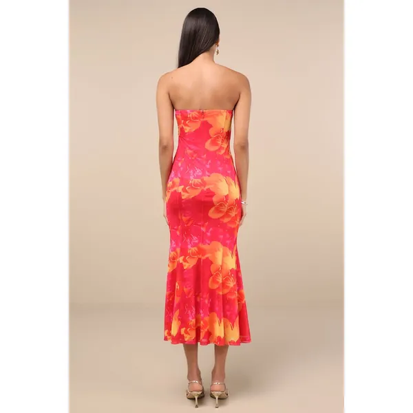 NWT Lulus Islay Hot Pink Floral Abstract Mesh Strapless Midi Dress Cruise Sz XL - Image 3