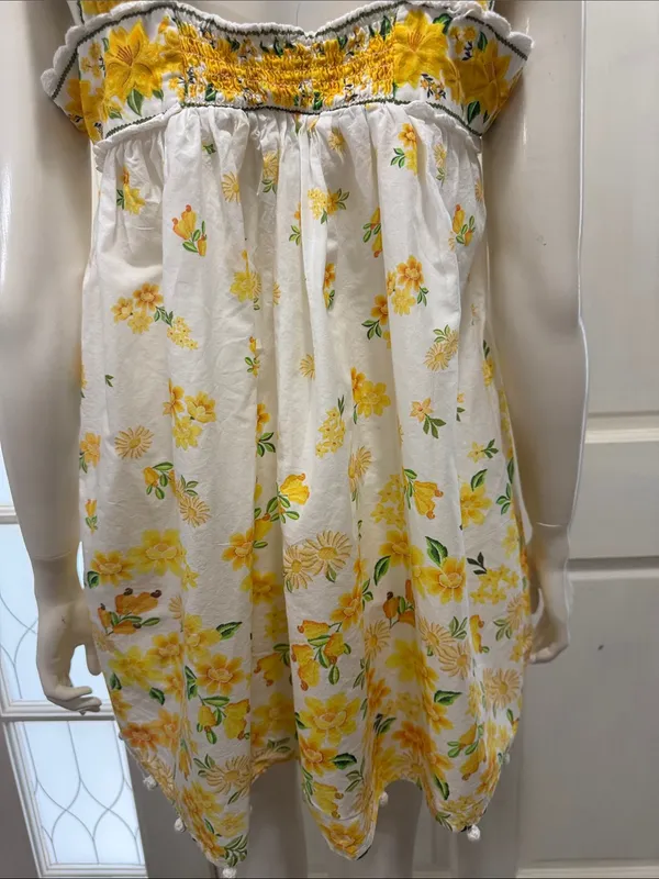 FARM Rio 100% Cotton Azaleia Yellow Floral Tie Straps Mini Dress Size Large - Image 12