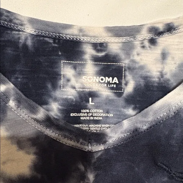 Sonoma Navy Blue and White Tie-Dye V-Neck Tee Boho Boxy SZ L 100% Cotton - Image 2