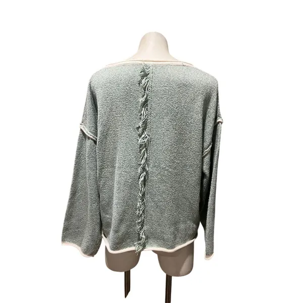 Womens Sweater Size M Sage Green Textured Knit Boat Neck Fringe Long - Image 8