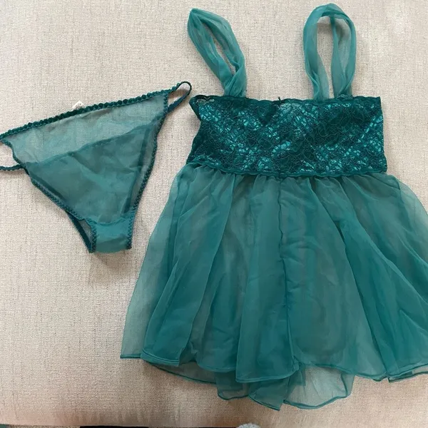 NWT 3pc Green Lingerie Set Teddy Panties Shirt Length Sheer Robe L - Image 4