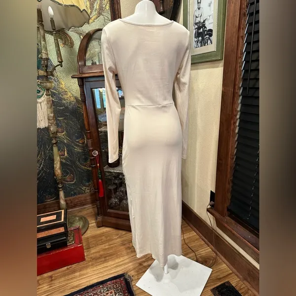 SHEIN Boho Coastal Cream Ribbed Knit Cut-Out Maxi Dress Twist Front Long Sleeve - Image 6