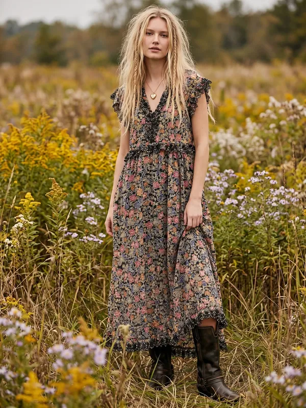 Free people Bohemian Floral Milania Maxi Dress Dark Combo Maxi Top Duster Small - Image 3