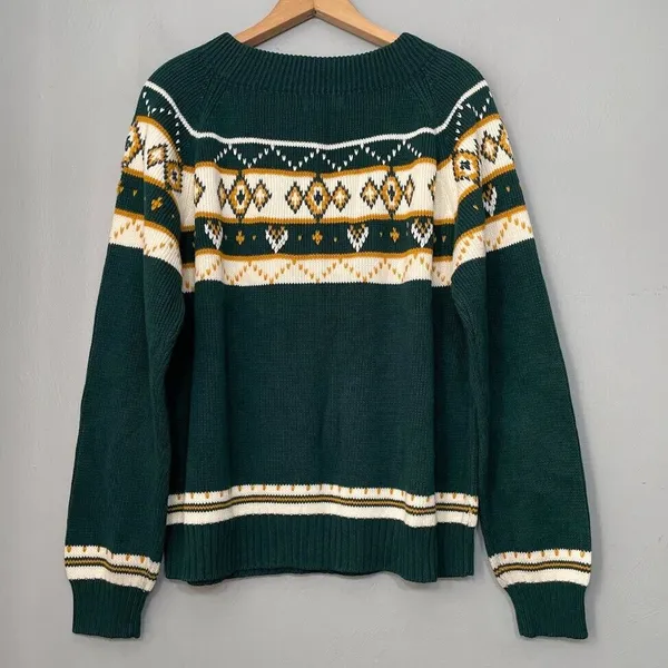 Vintage JCPenney Size XL Green Yellow Sweater Diamond Fair Isle Nordic 70s Retro - Image 4