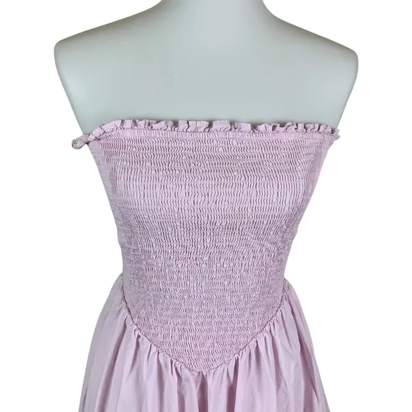 GLAMOROUS Pink Smocked Strapless Midi Dress Cottagecore Romantic Summer 6 - Image 3