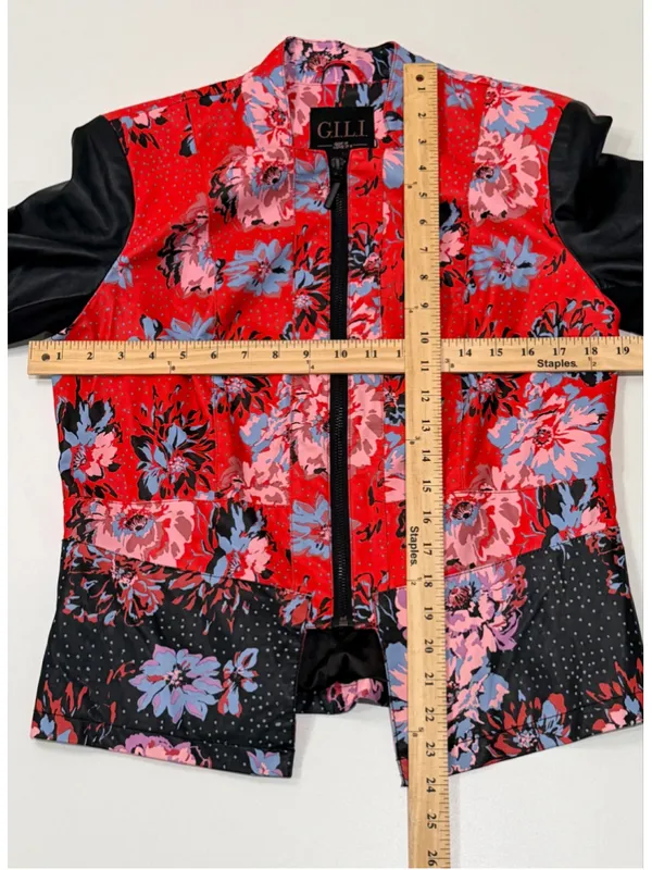 G.I.L.I. Got It Love It Floral Faux Leather Sleeve Zip Jacket Women’s Size 8 - Image 4
