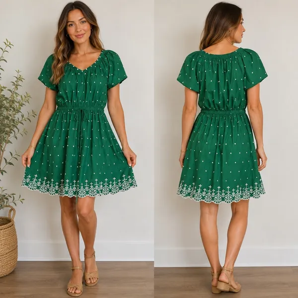 2097 | LOFT Boho Eyelet Embroidered Scallop Hem Cotton Dress Green Womens L - Image 2