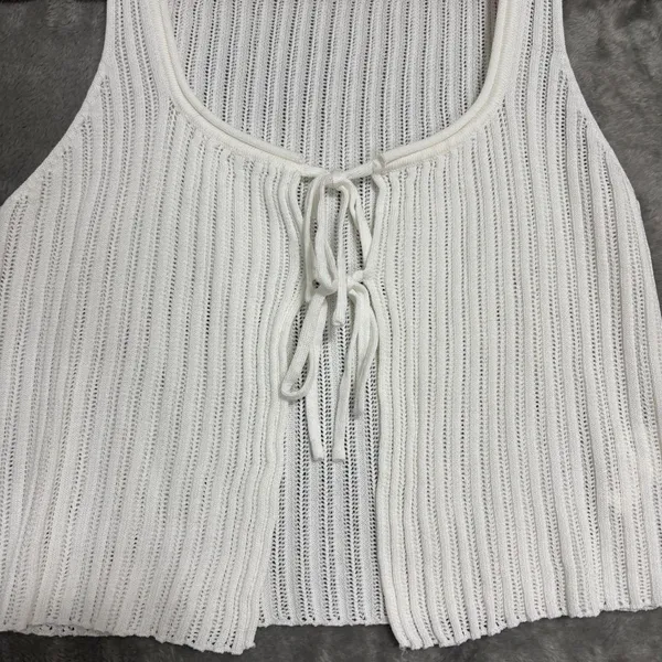 Princess Polly Knit Tie FrontCrop Top Women S/M Ivory Pointelle Ribbed‎ Festival - Image 4